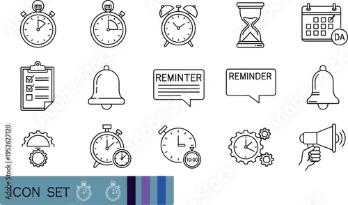 Print Minimalist Time Reminder and Notification Line Icon Set Featuring Stopwatches Alarm Clocks Bells and Digital Alert Symbols for Productivity and Scheduling Design