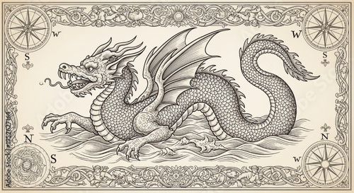 Ornate Vintage Medieval Dragon Illustration with Compass Roses and Celtic Border - Fantasy Mythical Creature Old Map Style Line Art Engraving