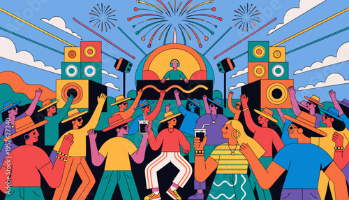 A funny cartoon illustration of a woman, boy, and kid having a fun Christmas music party celebration on a busy city street in an abstract vector drawing art style