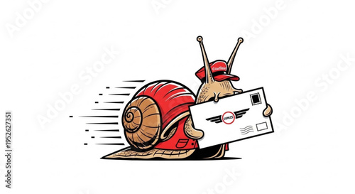Funny Express Mail Snail Wearing Red Cap Delivering Letter - Fast Delivery Service Concept with Speed Lines, Ironic Postal Service Illustration