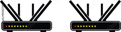 Two wireless routers with antennas, black and white illustration, internet connectivity, WiFi technology, communication hardware, networking equipment, vector design artwork