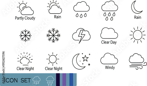 Print Universal Weather Forecast and Meteorology Line Icon Set Featuring Sun Rain Snow Wind and Night Sky Symbols for Mobile Apps and Digital Interface Design