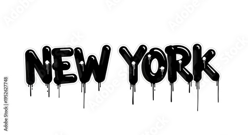 New York Graffiti Style Text Art, Dripping Black Paint Effect on White Background