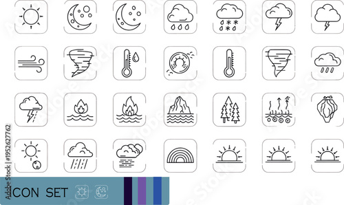Print Global Warming and Natural Disaster Awareness Line Icon Set Featuring Climate Change Wildfires Melting Glaciers and Extreme Weather Symbols for Environmental Sustainability Design