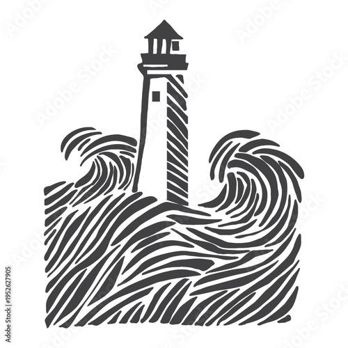 Lighthouse in stormy ocean waves, black monochrome hand drawn sketch, linocut woodcut style, swirl turbulent sea, dramatic vintage nautical maritime grunge tattoo print