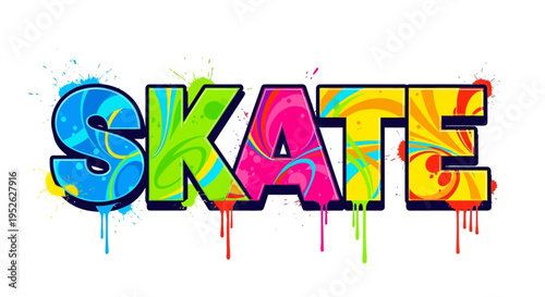 Colorful Graffiti "SKATE" Word Art with Drips and Splatters - Urban Style