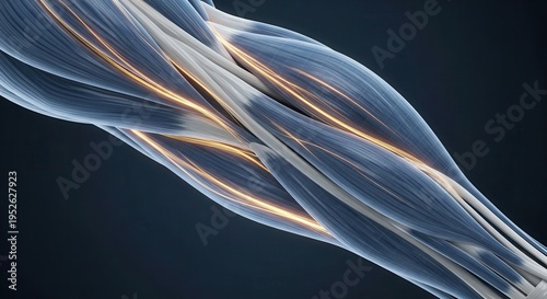 Detailed 3D rendering of human arm muscles and tendons with highlighted nerve pathways.