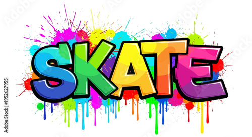 Colorful "SKATE" graffiti text with paint splatters and drips, vibrant urban art style