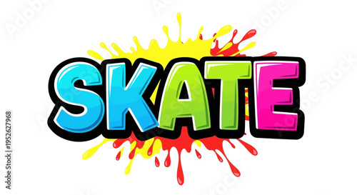 Colorful "SKATE" text logo with paint splashes, vibrant graphic design for extreme sports and youth culture