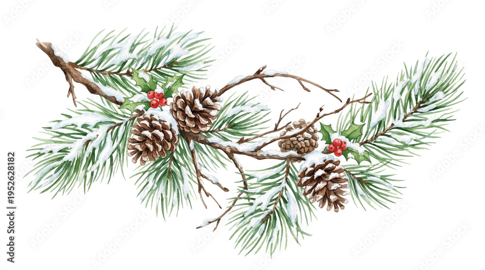 Obraz premium Watercolor snowy pine branch with cones and holly berries, isolated on white or transparent background, festive Christmas decoration