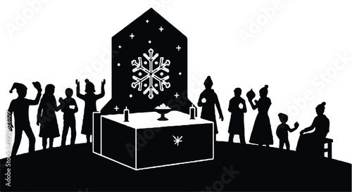 Group of people gather around a large gift box decorated with a festive snowflake.