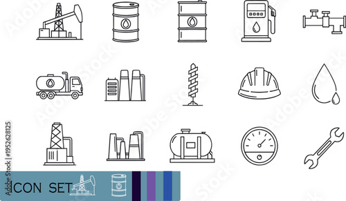 Print Hand-Drawn Industrial Oil and Gas Energy Icon Set Featuring Drilling Rigs Barrels Fuel Pumps and Pipeline Symbols for Petroleum Industry Design