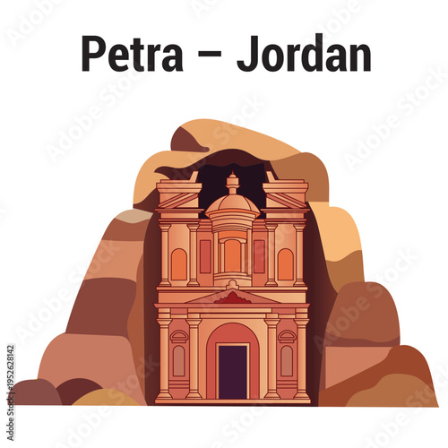 Vivid vector illustration of Petra’s rock-cut architecture, ideal for travel brochures, history books, educational content, presentations, posters, and digital projects celebrating ancient wonders.
