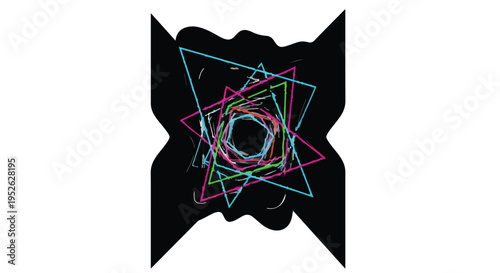 Geometric shapes form a central vortex pattern against a solid black background.