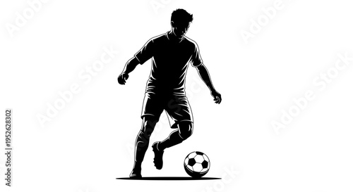 dynamic male soccer player dribbling a football a striking silhouette vector illustration for sports and athletic competition designs.
