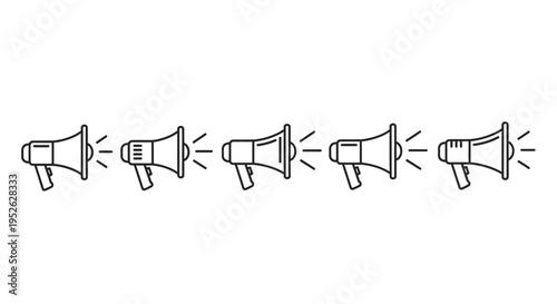 five black outline megaphones making alerts with sound waves on a white background ideal for communication marketing and public relations designs.