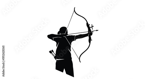 Archer aims a bow and arrow during a competitive sports event in a black silhouette.