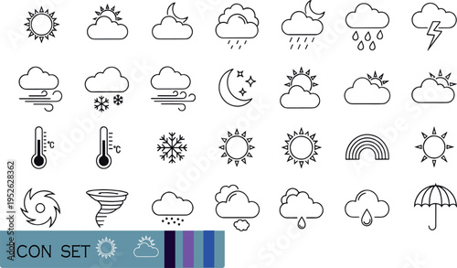 Print Universal Weather Forecast and Meteorological Line Icon Set Featuring Sun Rain Snow Storm and Climate Symbols for Mobile Apps and Digital Interface Design
