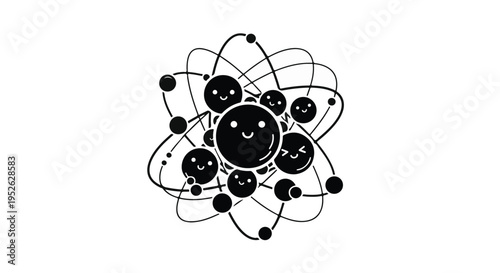 Atom model features smiling particles orbiting a central nucleus in a cute style.