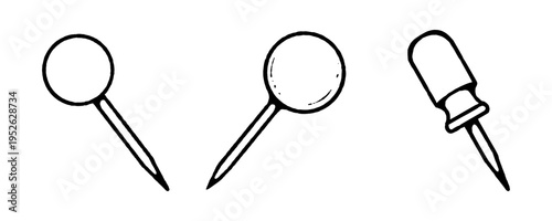 Set of Three Office Push Pins with Realistic Shapes for Stationery and Location Marker Design.