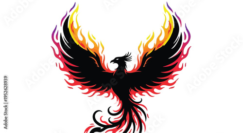 Phoenix rises with vibrant wings as a symbol of rebirth and transformation.