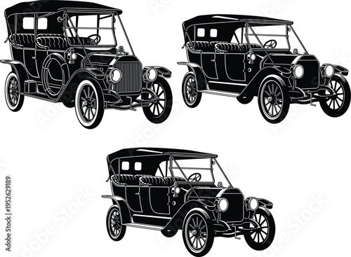 Vintage antique car silhouette set, classic retro touring car graphics, old fashioned automotive transport vector icons, brass era automobile perspective view.