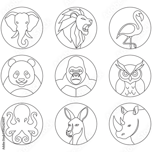 Minimalist Line Art Circular Wild Animal Icons Illustration