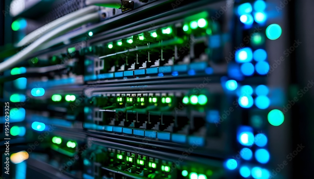 Fototapeta premium Close-up view of a server room with rows of illuminated servers and cables.