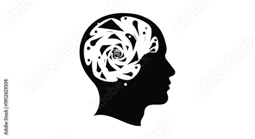 Profile silhouette of a human head contains a swirling spiral mind pattern.