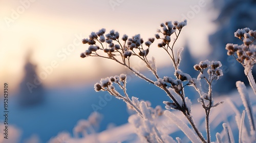 Frost-covered plants against a sunrise, with bokeh effect; soft blue and warm tones blend