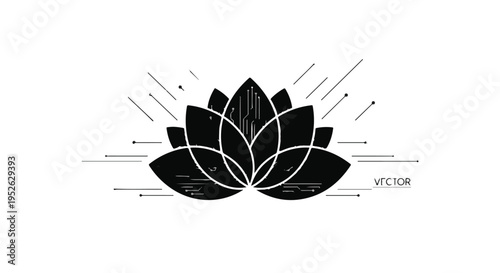 Lotus flower graphic design displays symmetrical petals with radiating lines.