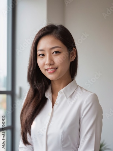 Free Download Confident Asian Businesswoman Smiling in Modern Office, Portrait - GFXLoad