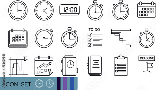 Print Minimalist Time Management and Productivity Icon Set Featuring Clocks Stopwatches Calendars and Task Planning Symbols for Efficiency and Schedule Organization