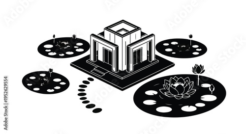 Building stands centered among circular ponds featuring blooming lotus flowers.