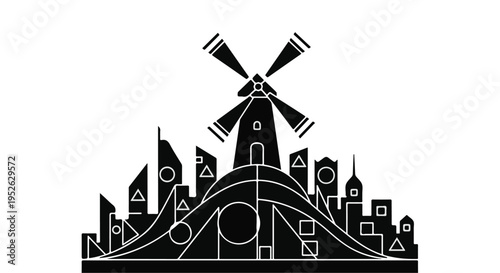 Windmill standing above a stylized city skyline depicts renewable energy progress.