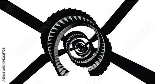Staircase spiral creates a modern architectural abstract design on white background.