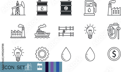 Print Industrial Energy and Fossil Fuel Icon Set Featuring Oil Rigs Fuel Barrels Gas Stations Factories and Power Generation Symbols for Global Industry and Economy Design