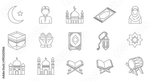 islamic religion line icons with mosque quran kaaba prayer elements and muslim figures for ramadan and eid designs.