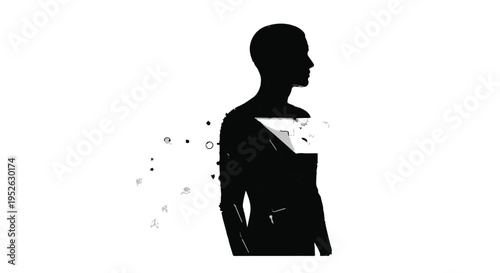 Human silhouette dissolving into digital particles represents data transformation.