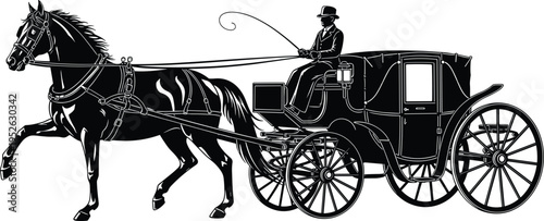 Vintage horse drawn carriage silhouette with driver, antique Victorian stagecoach vector, historical horse and buggy transport, elegant old fashioned coach.