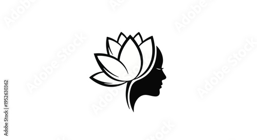 Woman silhouette merges with a blooming lotus flower in a serene profile view.