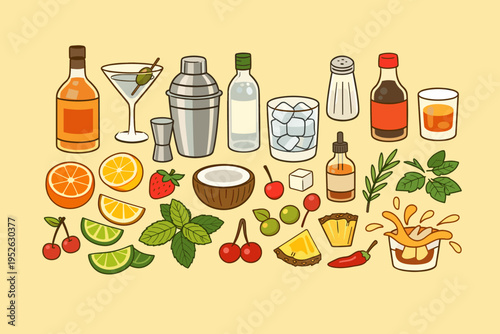 Hand-drawn vector illustration of cocktail ingredients and bar tools including shaker, bottles, martini glass, citrus fruits, mint, cherries, and ice cubes on a soft yellow background.