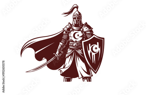 Historical Islamic Knight of Chivalry Silhouette, Noble Muslim Leader Vector Sticker, Medieval Crusades Era Hero Illustration