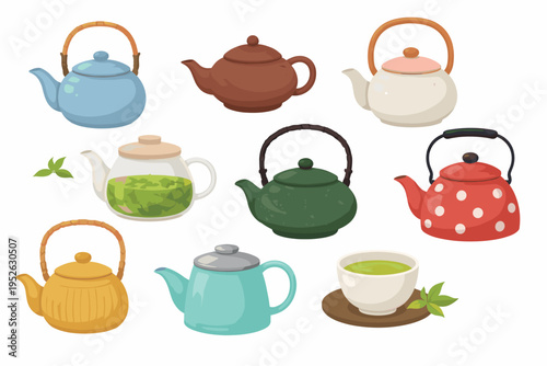 Collection of Diverse Teapots and a Cup of Green Tea Isolated on White Background. Simple Flat Vector Illustration of Various Tea Kettles, Ceramic Pots, Glass Infuser, and Cast Iron Tetsubin.