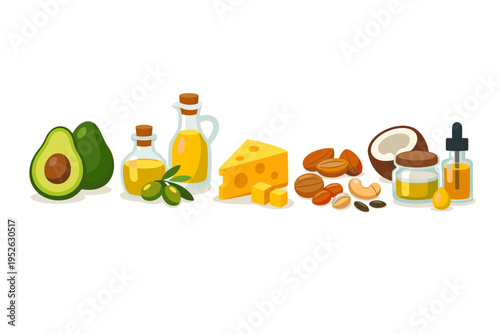 Healthy Fats Food Sources Collection with Avocado, Olive Oil, Cheese, Assorted Nuts, Coconut, and Omega Supplements. Flat Vector Illustration for Keto Diet, Nutrition, and Wellness Concepts.