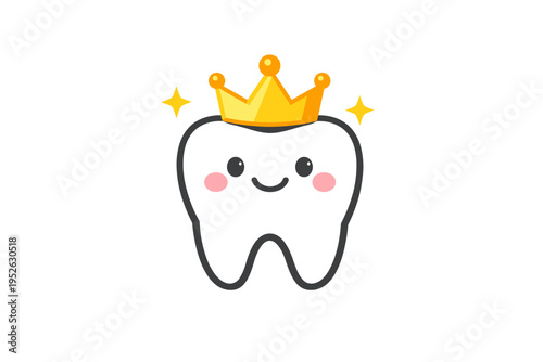 Kawaii Smiling Tooth Character with Golden Crown and Pink Cheeks, Minimalist Vector Icon for Pediatric Dentistry, Dental Care Clinic Logo Design, Children's Oral Hygiene and Health Concept.
