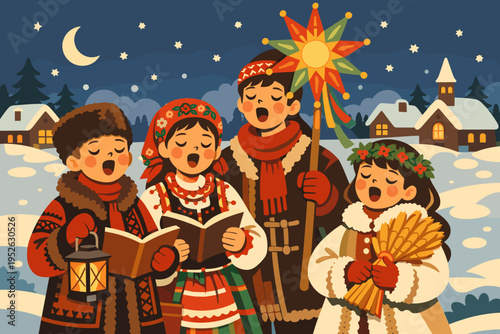Christmas Carolers in Traditional Folk Costumes Singing in a Snowy Winter Village at Night, Retro Cartoon Style Illustration with Festive Characters, Christmas Star, Lantern, and Wheat Sheaf