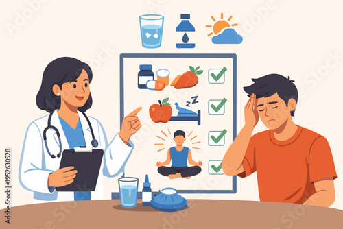 Doctor advising young Hispanic male on migraine relief strategies with a health checklist featuring medication, healthy diet, sleep, and meditation icons in a simple flat vector illustration.