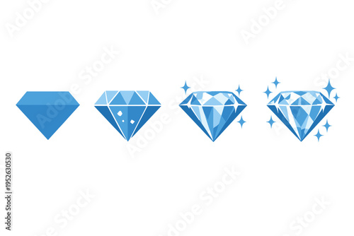 Set of four blue diamond icons illustrating progressive stages of clarity and sparkle, from a simple flat shape to a highly detailed brilliant gemstone with shining stars and facets.