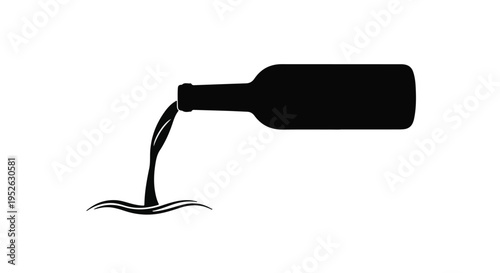 Bottle silhouette pours dark liquid onto a flat surface in a minimalist style.